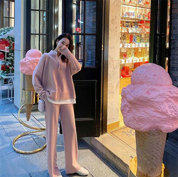 気持ちいい布地 ワイドパンツ 職業 スラックス カジュアル ニットトップス ロングパンツ 秋冬 2点セット