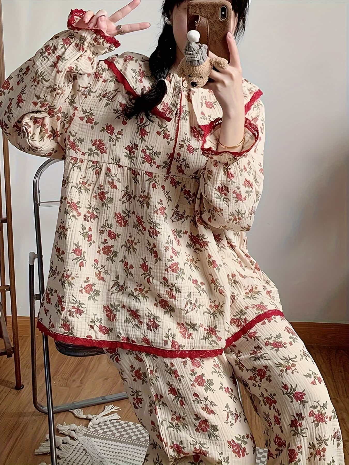 コットン素材パジャマ レディース 春 夏 長袖 小花柄 韓国風 部屋着 ルームウェア 上下セット 通気性 ゆったり 可愛い 柔らかい 快適 10代 20代 ナイトウェア 清楚