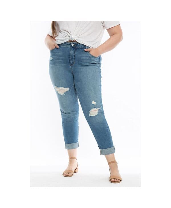 スリンク レディース ボトムス デニムパンツ プラスサイズ SLINK Jeans Plusize Denim High Rise Boyfriend with destruction rolled in 28" inseam- Myla No Color デニム