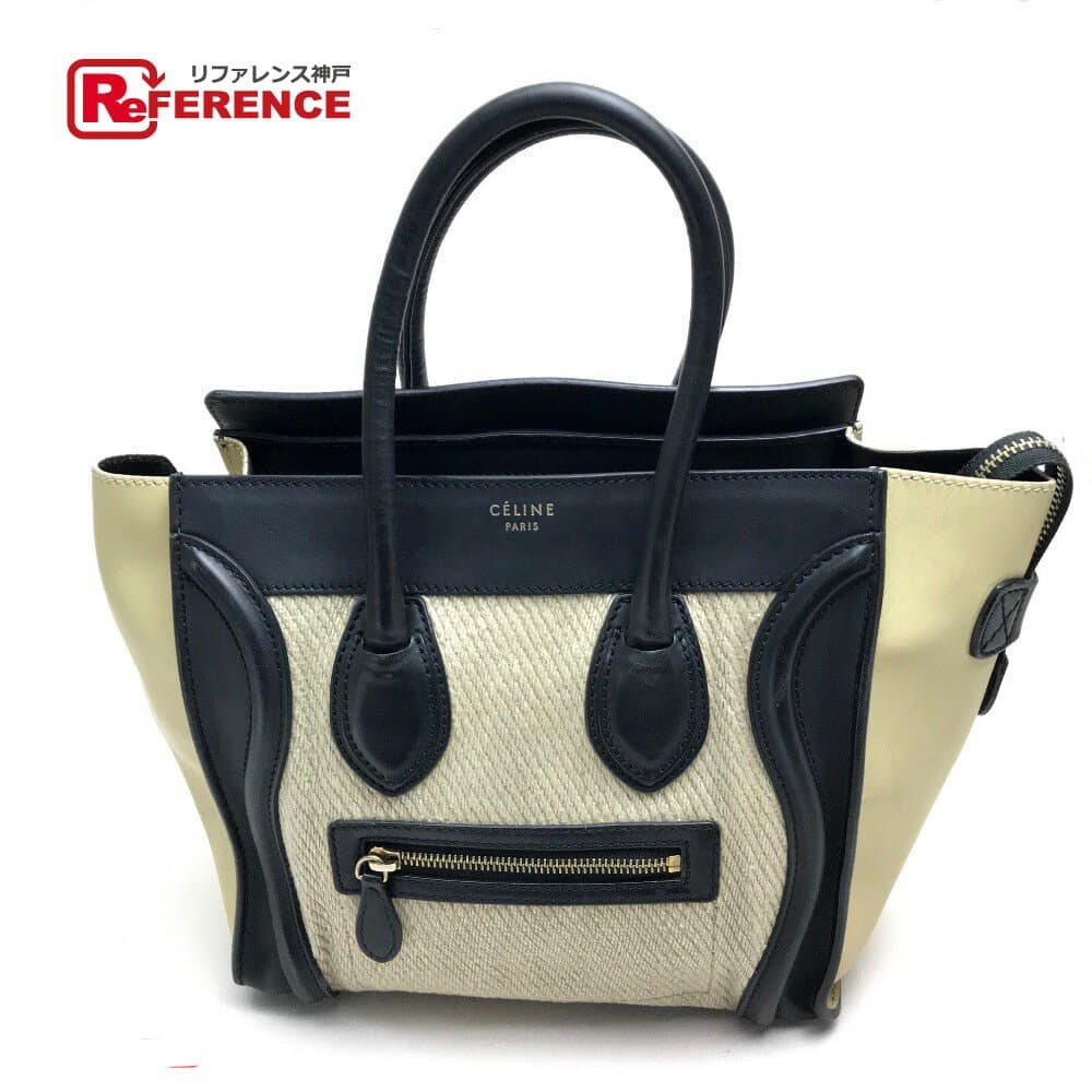 CELINE セリーヌ マイクロショッパー カバン ラゲージシリーズ トートバッグ レザー /麻 レディース ベージュ×ブラック 【中古】