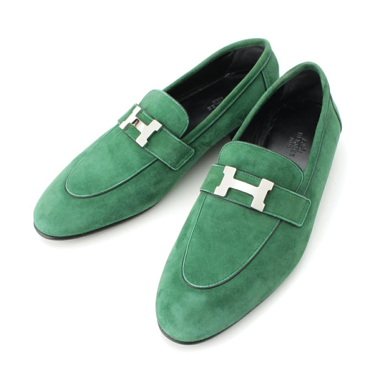 エルメス HERMES パリ モカシン スウェード フラットシューズ シルバー金具 ローファー グリーン 39【中古】【正規品保証】