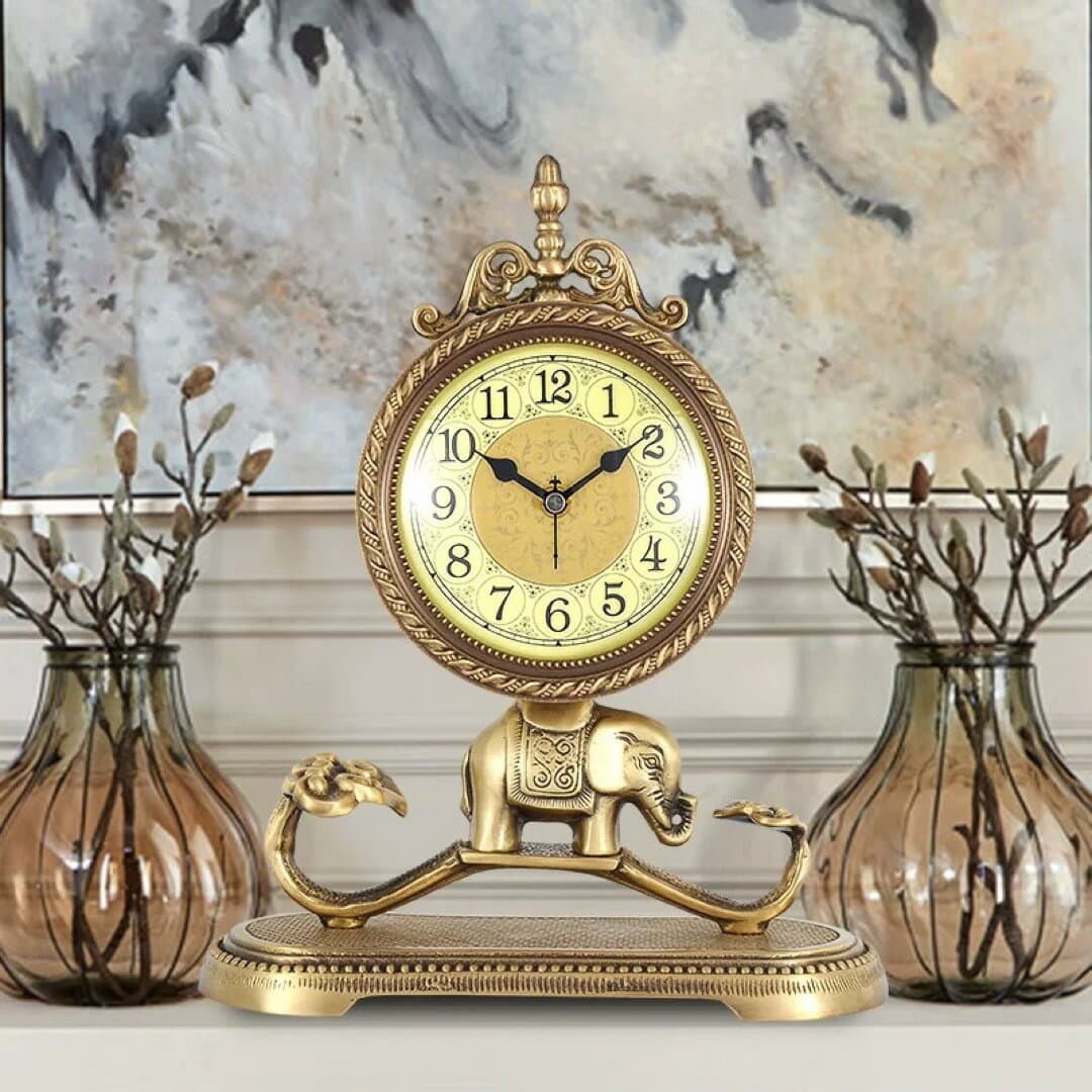 A066546象モチーフ高級真鍮置時計アンティーク調 ゴールド クォーツ式 静音 開運