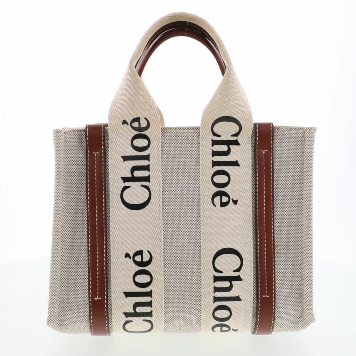 Chloe クロエ ウッディ スモール トートバッグ CHC22A397 キャンバス カーフ ポリエステル ホワイト ブラウン レディース【中古】