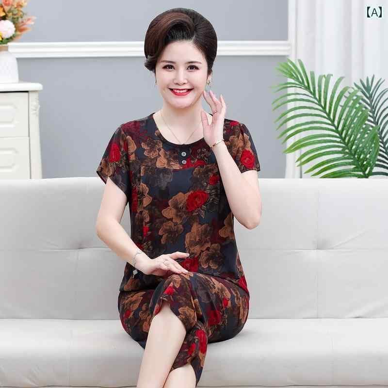 　パジャマ　レディース　上下 夏用 コットンシルク スーツ ママ パジャマ レディース 半袖 クロップドパンツ アウターウェア 高齢者 ホームウェア レーヨン