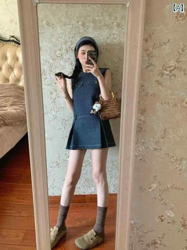 デニム　ワンピース　レディース レトロ ブルー ノースリーブ ベスト デニム ドレス レディース 夏 高級 プチ ショート スカート