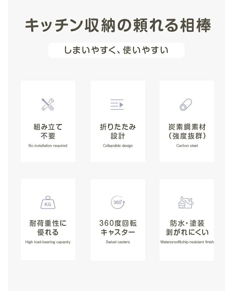【50%OFFクーポンで3,490円】 キッチンワゴン 折りたたみ キャスター付き 3段 スリム 隙間収納 ワゴンラック キッチン収納 移動式 収納ラック ランドリーラック 収納棚 thumbnail 3