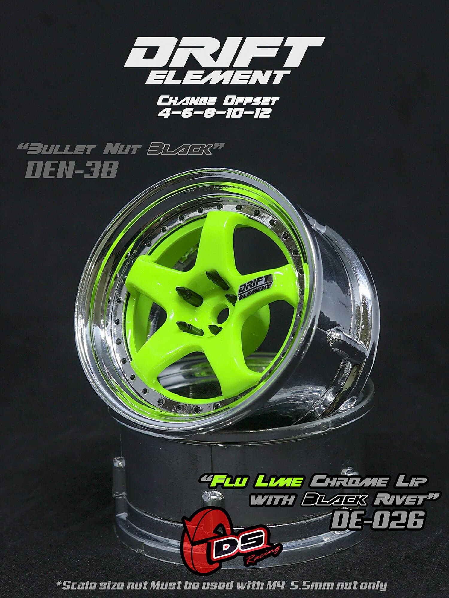 DRIFT ELEMENT SERIES RIM：Flu Lime 5Spokes Chrome Lip Black Rivets　 ドリフト エレメントシリーズ リム 5本スポーク フルオレセント ライムスポーク クロームリップ ブラックリベット オフセット変更可能 1/10スケール 2個入り ドリフトラジコン パーツ