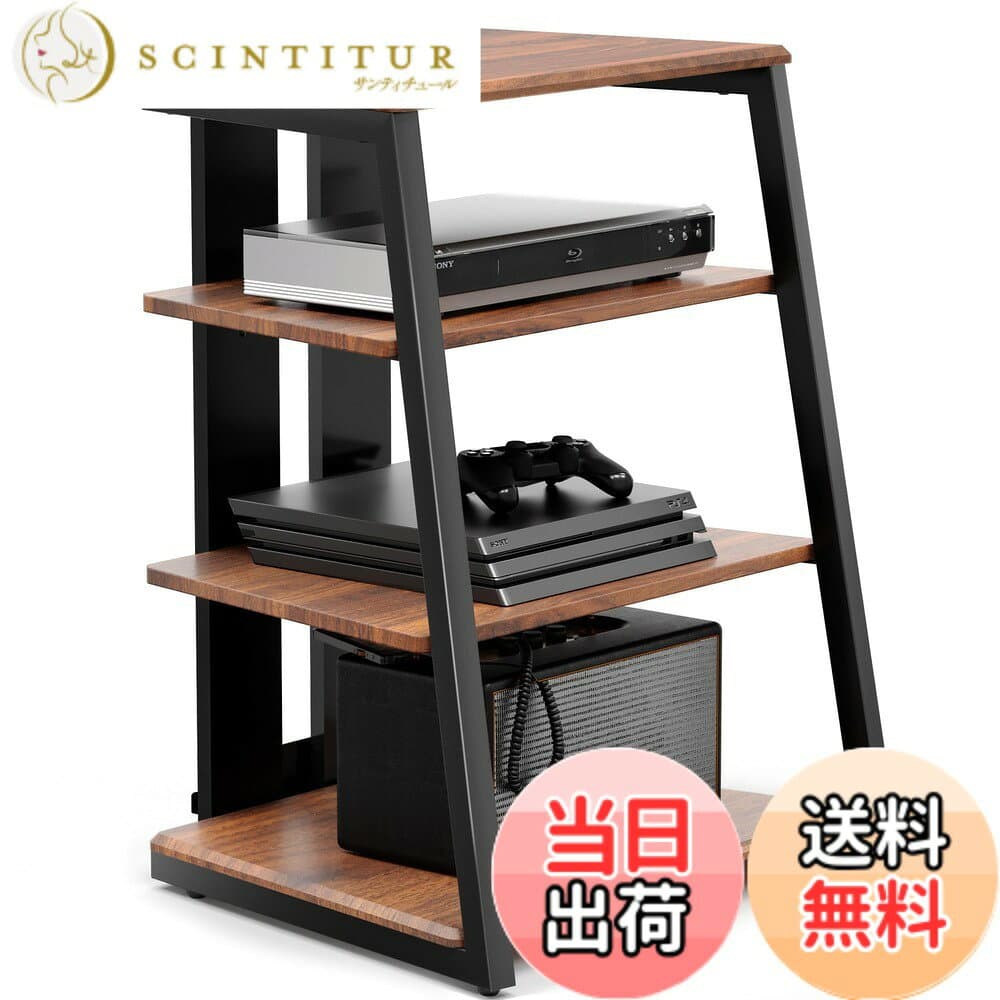 【送料無料】FITUEYES DESIGN オーディオラック インテリア 台形 木目調仕上棚板 AV ラック スチール製フレーム 裏面配線 ピッチ調整可 ウォールナット＋ブラック エッフェルシリーズ F07F4061L