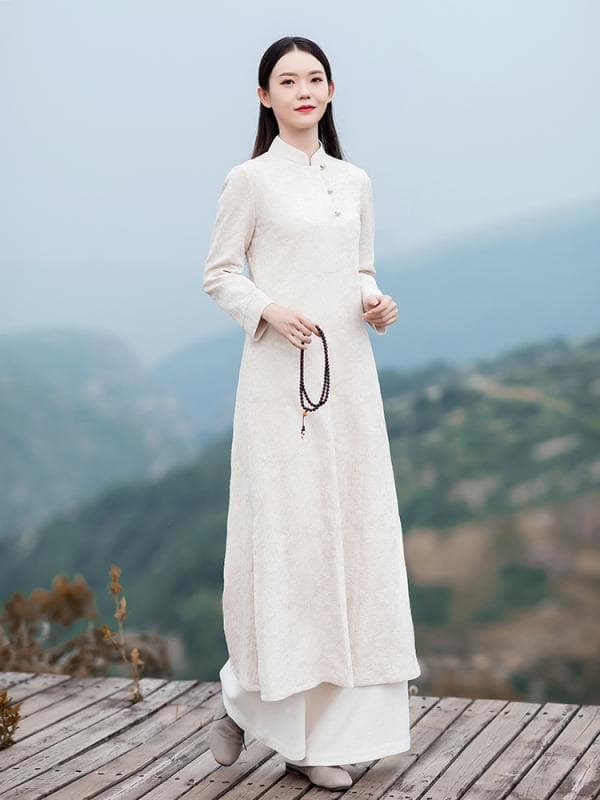ドレス レディース 秋 春 チャイナ服 アオザイ 中華風 新 バックル レトロ 綿 リネン チャイナ 女性 瞑想服 茶師服 サービス 文学 芸術