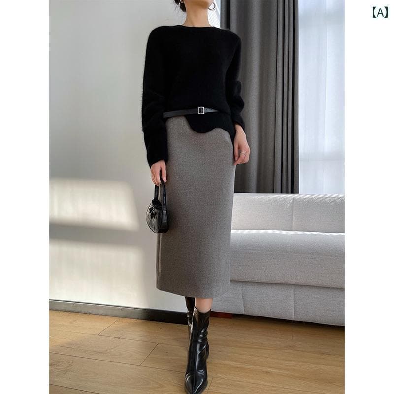 レディース スカート 秋冬 ウール ハイウエスト グレー シンプル 丈 ミモレ丈 フレンチ スリム ストレート H型ライン ヒップスカート オフィス カジュアル エレガント モダン