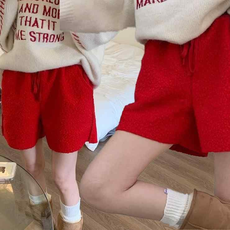 パンツ ズボン ショート ボトムス レッド シンプル 赤 秋 起毛 ウエスト ストレート カジュアル レディース フリーサイズ おしゃれ ポリエステル