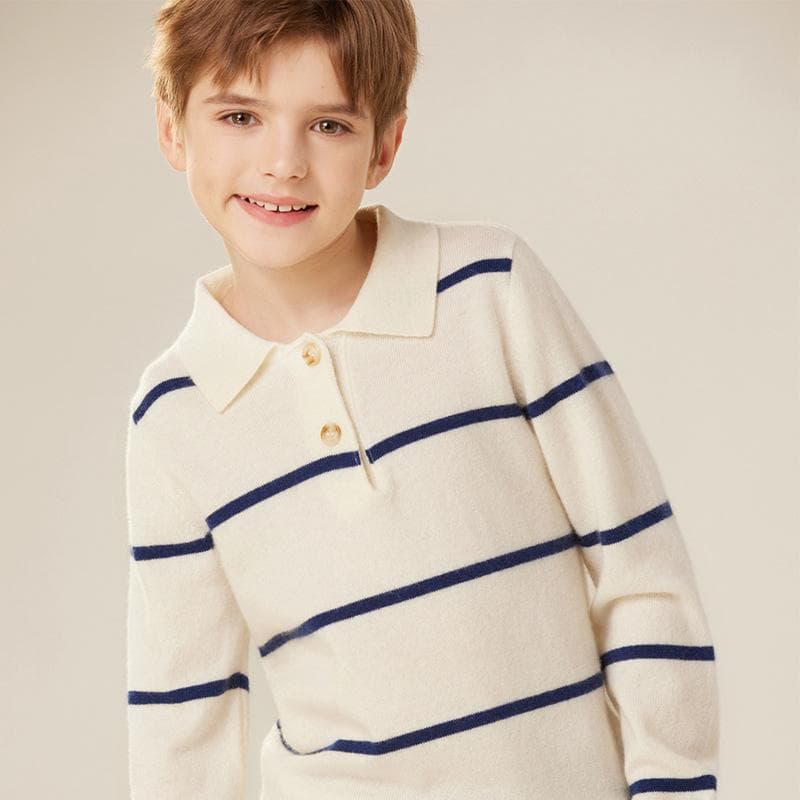 キッズ 男の子 ニット ソフトタッチ カシミヤ ポロ襟 プルオーバー 長袖 ボーダー 韓国風 カジュアル 秋冬 通園着 親子コーデ インナー オフホワイト