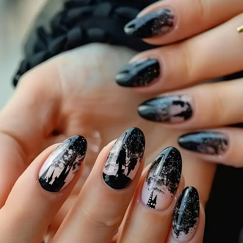 ネイルチップ 取り外し可能 レトロ 星空 ギャラクシー柄 光沢ブラック アーモンド型 ミディアム 付け爪 おしゃれ かわいい インスタ映え デート イベント 甘辛MIX 純欲ネイル