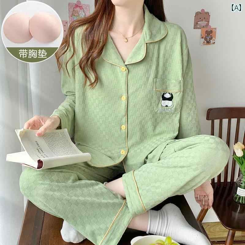 　パジャマ　レディース　上下 かわいい パンダの パジャマ レディース 春秋 スタイル 胸 パッド 付き 長袖 パンツ コットンカーディガン グリーン ホームウェア 秋 セット