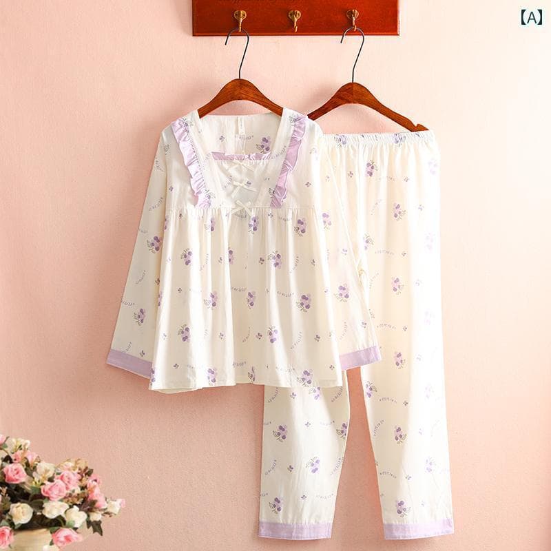 パジャマ　上下　薄手 韓国 田園 風 100 % コットンツイル パジャマ レディース 春夏 薄手 長袖 綿 プリンセス ホームウェア セット