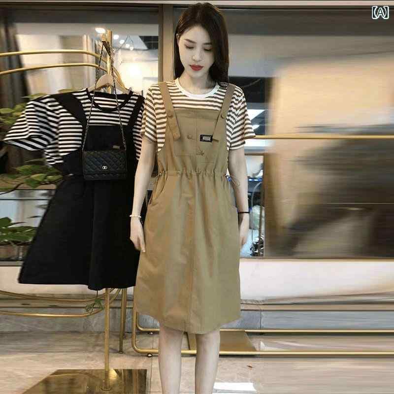 オーバーオールドレス ファッション カジュアル ストライプスカート レディース 夏 2025 新作 オーバー オール スカート 大きい サイズレディース 服 小さい ミドル 丈 ドレス