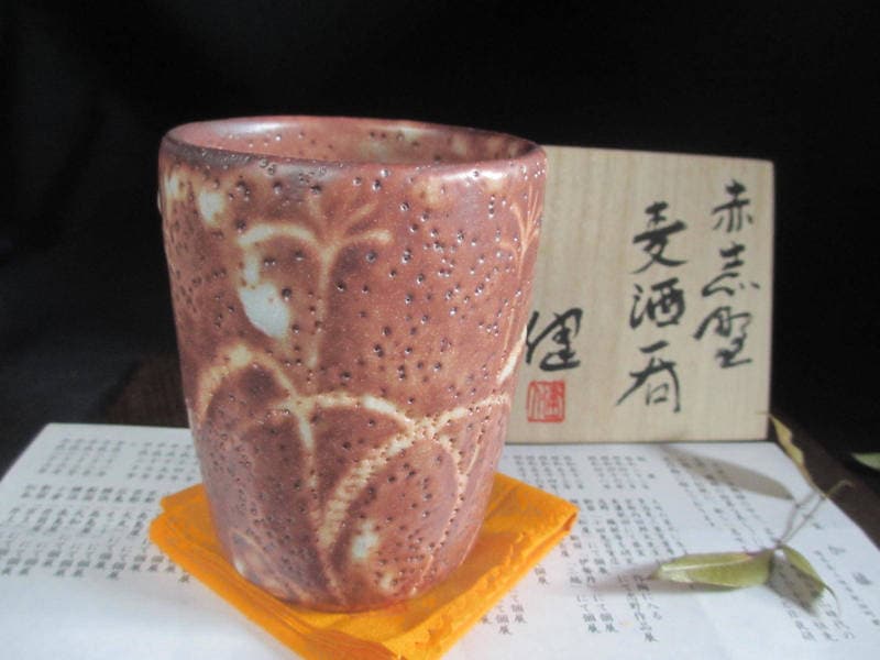 酒器 ■ 源九郎窯 加藤健作 赤志野 草文 麦酒呑(共箱) ギフト 和食器