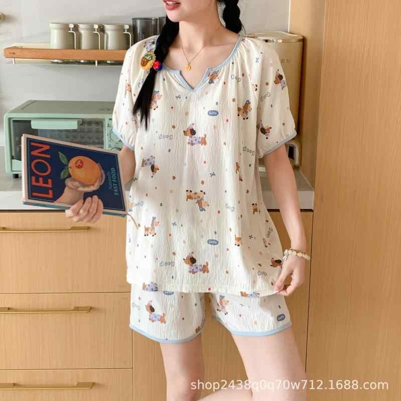 ルームウェア レディース 半袖 ショートパンツ 上下セット 雲ごこち パジャマ かわいい 綿混紡 部屋着 寝間着 Vネック 薄手 春夏 快適 リラックス 旅行用 犬柄 ウサギ柄 星柄(x2)