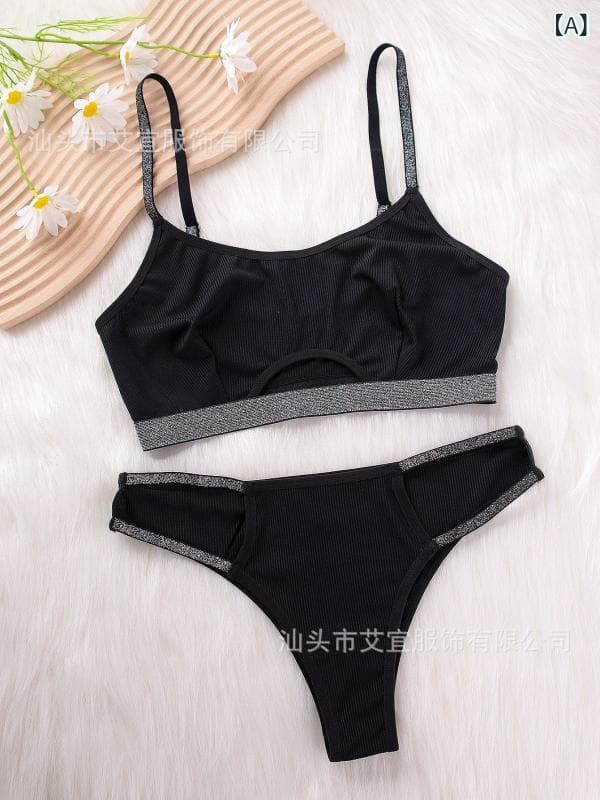 ブラジャー &amp; ショーツセット レディース 大胆 バックスタイル 3/4カップ ノンパッド 通気性 ニッケル不使用 快適 無地 黒 ランジェリー