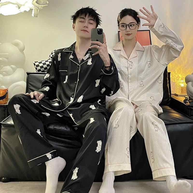 パジャマ レディース メンズ 接触冷感 薄手 春秋 長袖 シルク風 ポリエステル 部屋着 ルームウェア 上下セット 大きいサイズ ブラック ピンク系