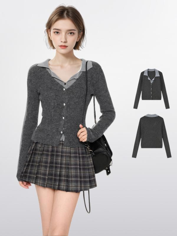 ニット レディース Vネック カーディガン グレー 切り替え 長袖 ショート丈 トップス 通勤 オフィス きれいめ 上品