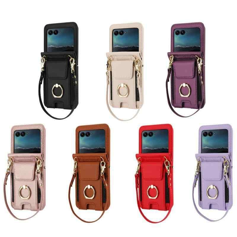 スマホケース MOTO Galaxy Z Flip レザーケース 指リング付き カード収納 ショルダーストラップ付き 落下防止 スタンド機能 耐衝撃 シンプル ブラック ローズゴールド ホワイト パープル レッド ブラウン