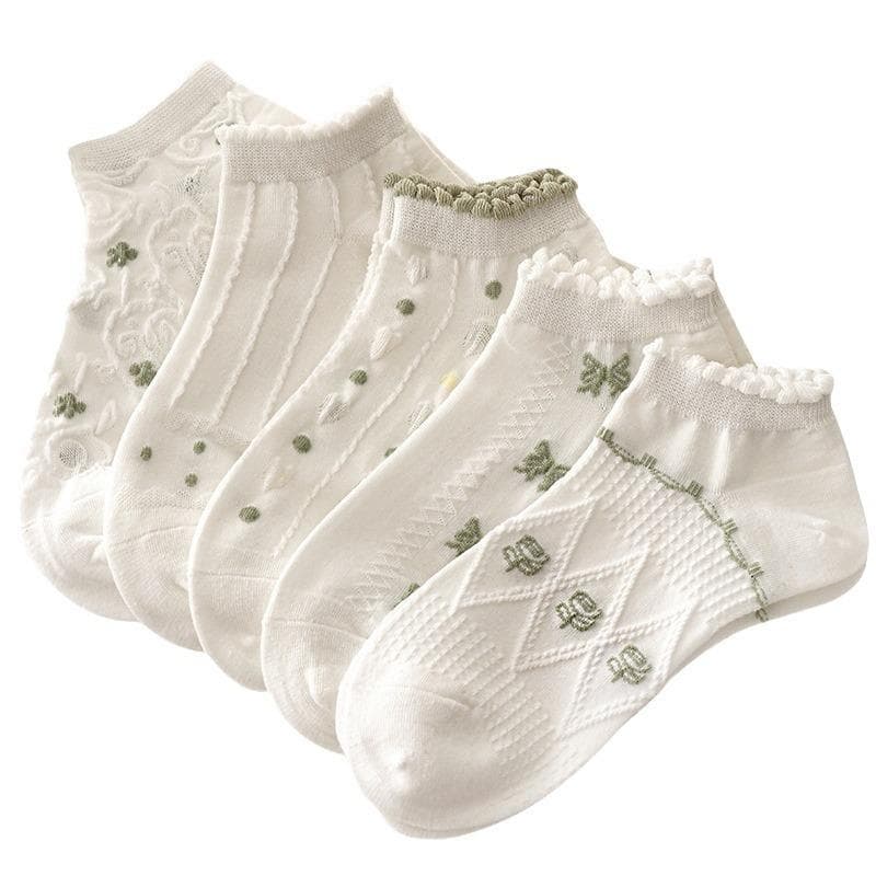 靴下 レディース 春夏 秋 薄手 ポリエステル 綿 花柄 レース ショート ソックス かわいい 森ガール 吸汗 混色 5足セット(x5)