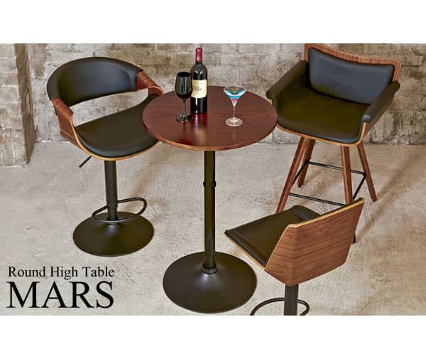 径60cmの大きめなラウンド型で、高さ90cmとバーチェアやハイスツールにちょうど良いハイテーブル