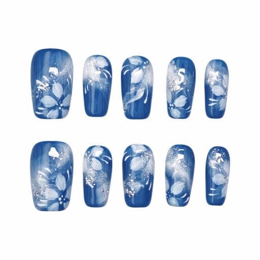 farfarflame手作りネイルチップミディアムロングバレリーナマグネット3Dダイヤモンド光沢おしゃれかわいいデザインパーティーつけ爪10枚入(水中の花XS)