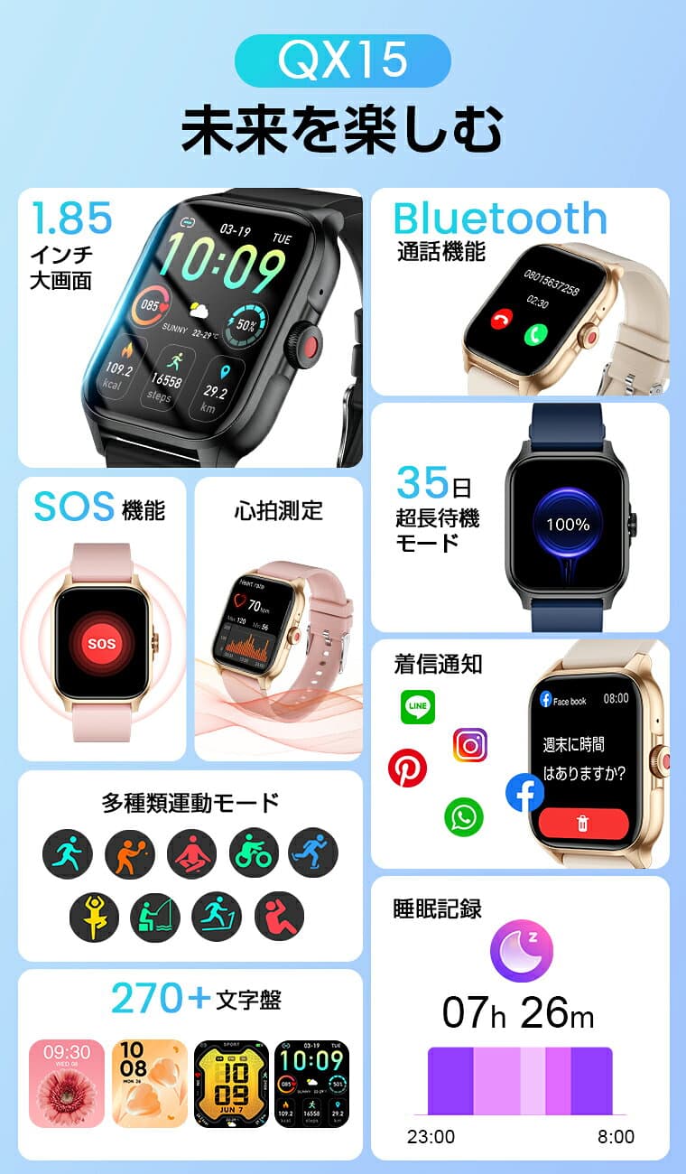 ＼⭐期間限定♪10%OFFクーポン✨／「楽天6位」スマートウォッチ Bluetooth通話機能 24時間健康管理 SOS機能 心拍数 1.85inch大画面 レディース メンズ用 腕時計 IP67防水 歩数計 スマートブレスレット カロリー消費 活動量計 着信通知 睡眠検測 iPhone/android対応 thumbnail 2