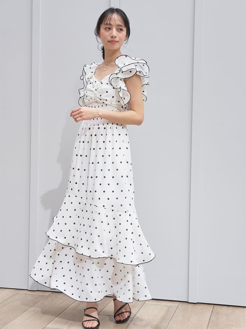 【SALE／30%OFF】フリルスリーブバリエプリントワンピース SNIDEL スナイデル ワンピース・ドレス ワンピース ネイビー ホワイト グレー イエロー【RBA_E】【送料無料】[Rakuten Fashion]