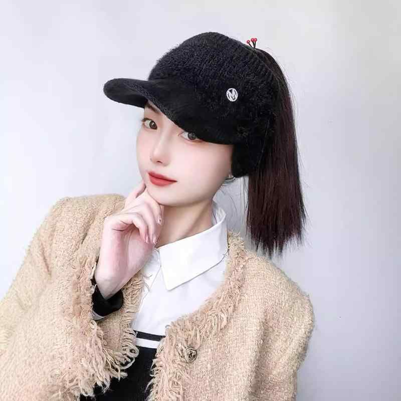 帽子 ウィッグ一体型 秋冬 防寒 保温 耳あて付き ニット帽 ポニーテール可能 開きトップ キャップ 全頭ウィッグ