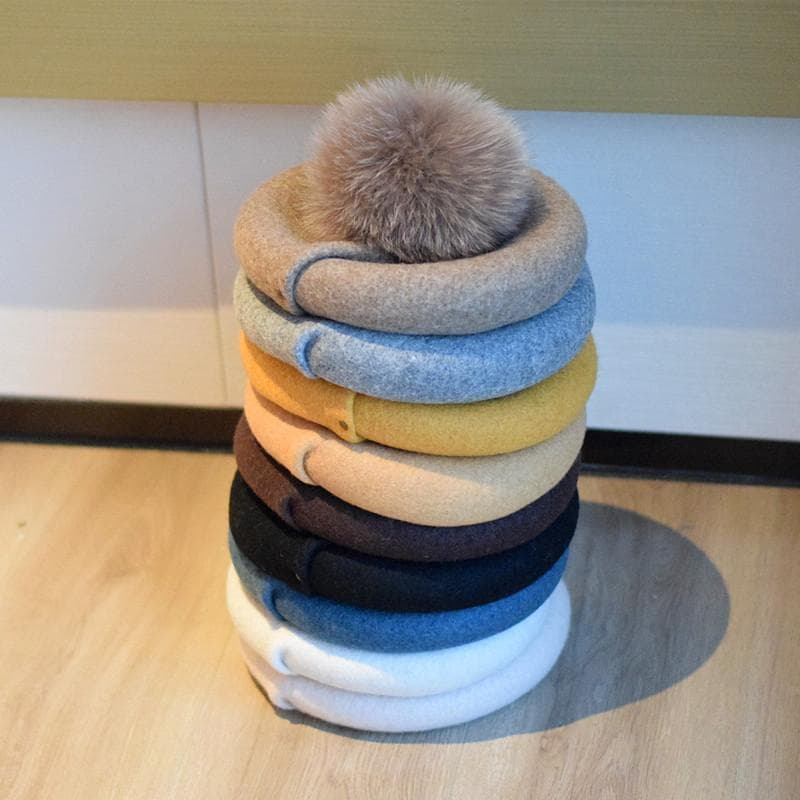 ベレー帽 レディース 羊毛 帽子 ファッション雑貨 キツネ ポンポン付き おしゃれ プリーツ ボタン付き レトロ 画家 秋冬