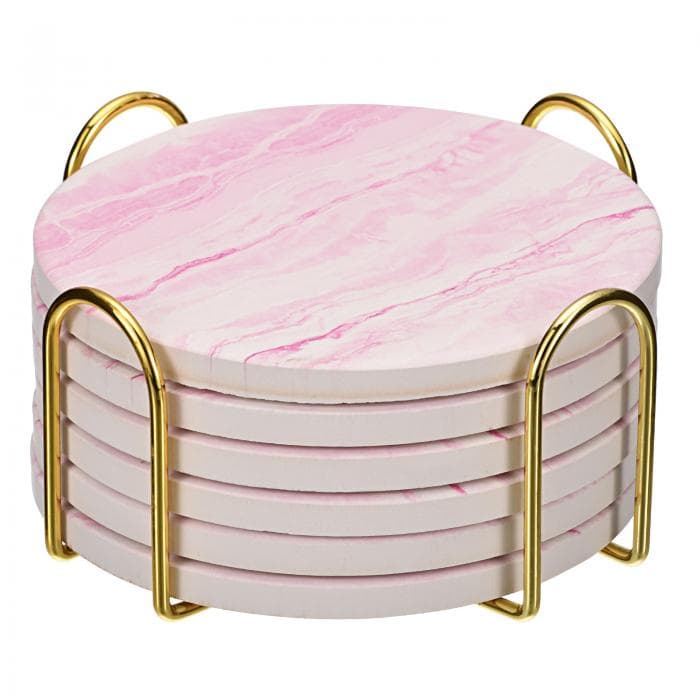 コルクコースター コップ敷き カップマッ ト ホルダー付き 砂岩スタイル 卓上装飾用品 カップ用 木製 ピンク 105mm 6枚