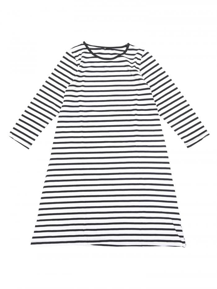 cheibear レディース スリープウェア コットン ストライプ 7分袖 ラウンドネック ミディ丈 コントラストカラー ソフト スリープドレス ナイトガウン ブラック L