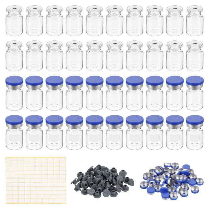 PATIKIL 5ml サンプルバイアル 100個 ラボ用空バイアル ブチルゴムストッパー付き クリンプトップキャップとラベル ホウケイ酸ガラスバイアル クリア