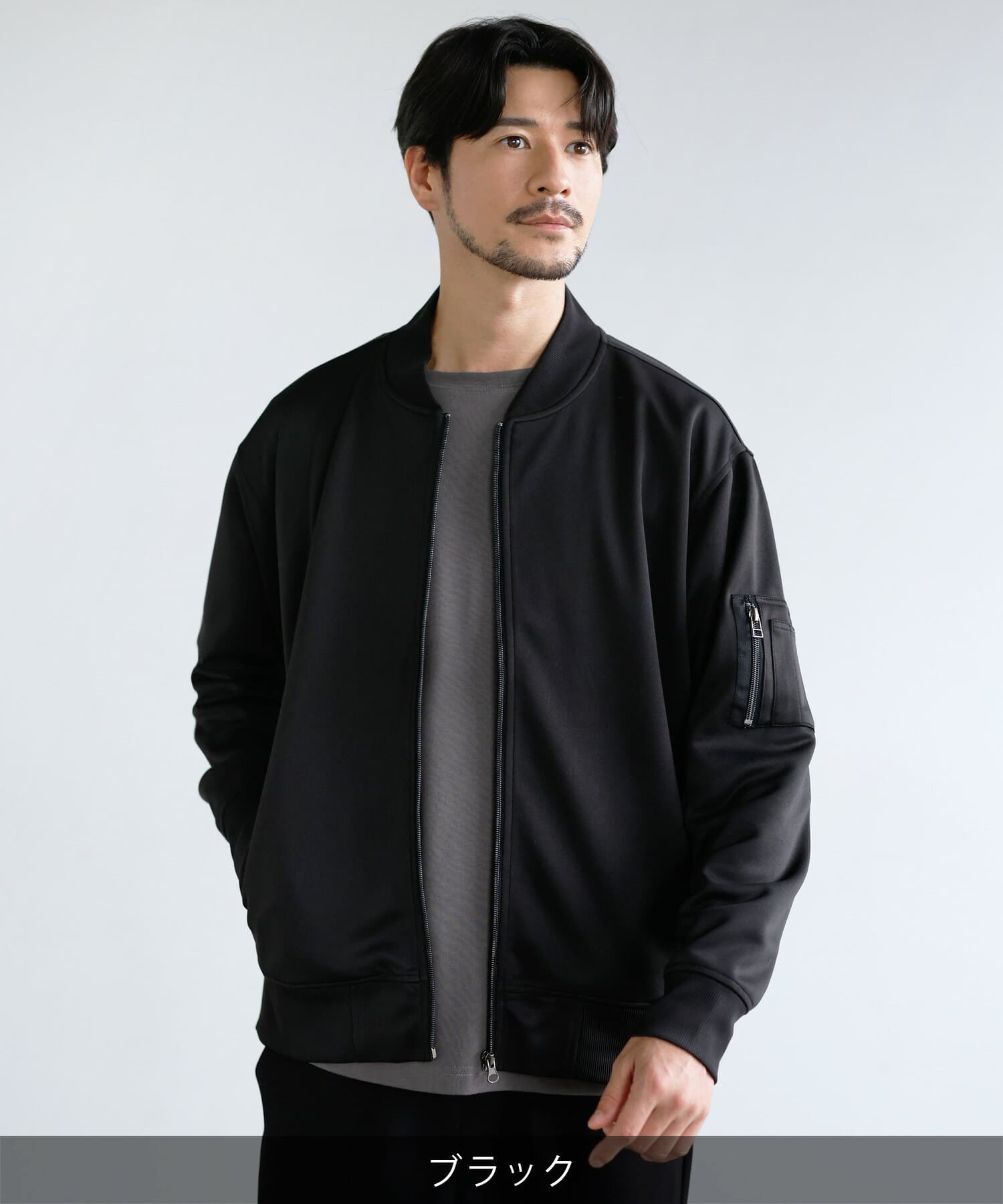 MA-1 ブルゾン ライトアウター ジャケット メンズ 秋 秋服 長袖 カジュアル ジャージー リブ 伸縮性 ストレッチ 無地 スリム ブラック カーキ ネイビー チャコール グレー S M L XL thumbnail 2