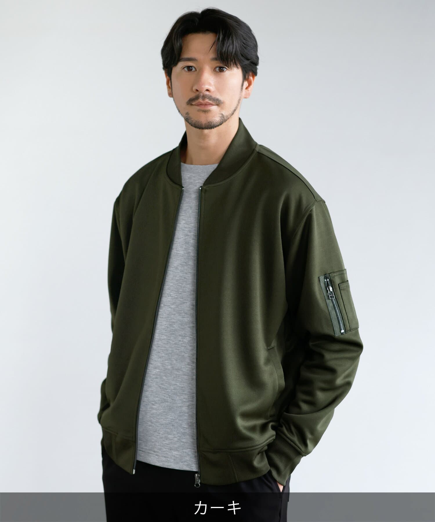 MA-1 ブルゾン ライトアウター ジャケット メンズ 秋 秋服 長袖 カジュアル ジャージー リブ 伸縮性 ストレッチ 無地 スリム ブラック カーキ ネイビー チャコール グレー S M L XL thumbnail 3