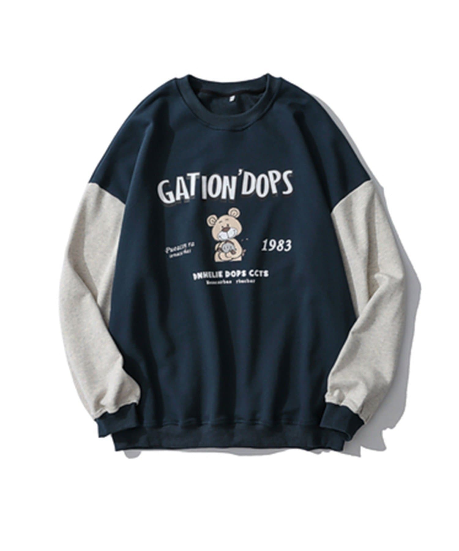 【SALE／15%OFF】HOOK HOOK/(U)【HOOK】アンティーク風プリント袖切り替え トレーナー アイモハ トップス スウェット・トレーナー グリーン ネイビー ブルー【送料無料】 thumbnail 2