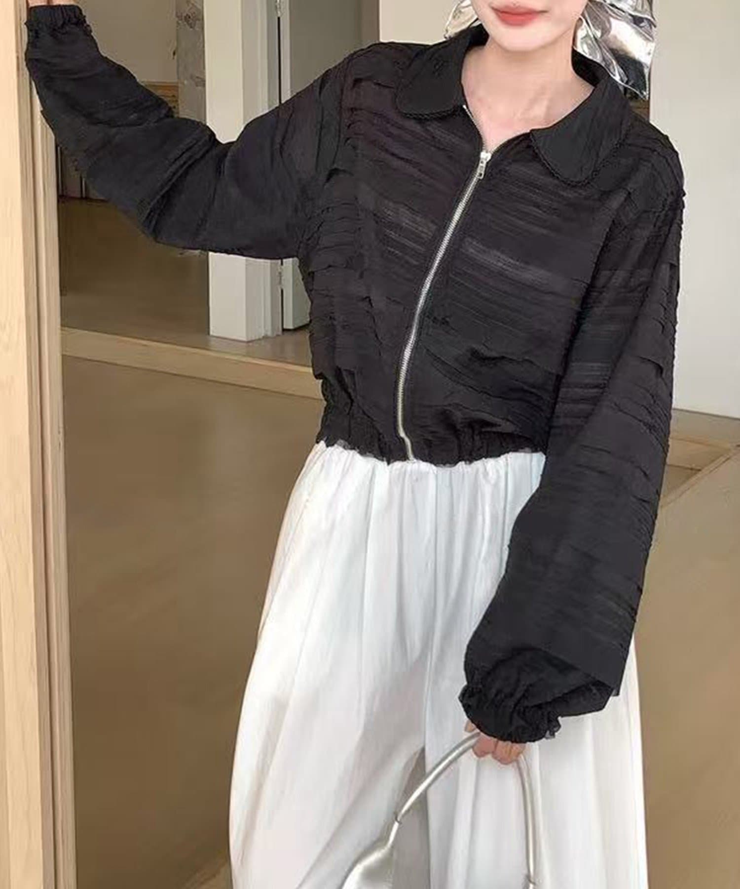 【SALE／15%OFF】aimoha - select - aimoha/フリルレースショートブルゾン アイモハ ジャケット・アウター ブルゾン・ジャンパー ブラック ベージュ【送料無料】 thumbnail 3