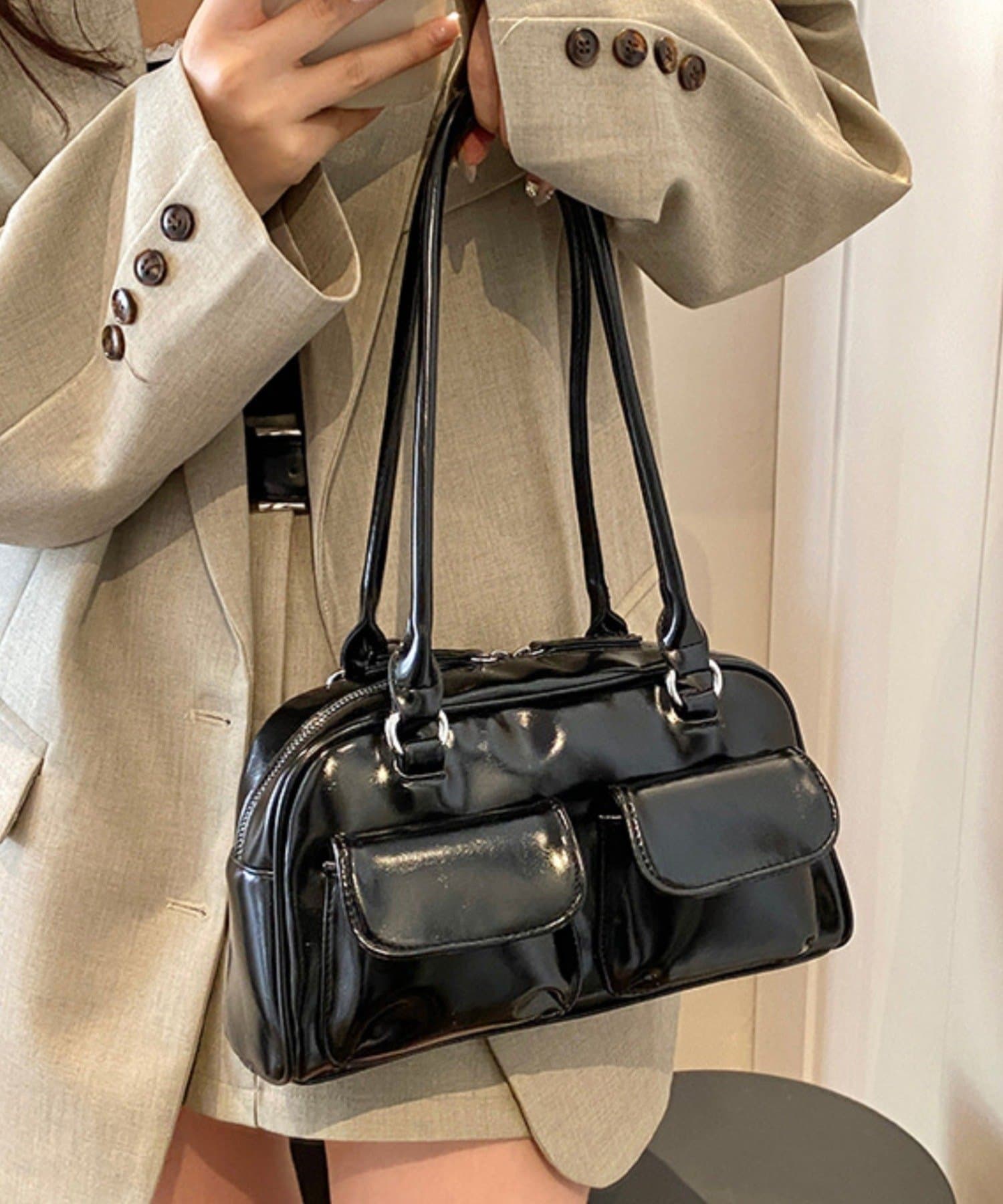 【SALE／15%OFF】aimoha - select - aimoha -select-/クラシックPUハンドバッグ アイモハ バッグ ハンドバッグ シルバー ブルー ブラック ピンク レッド ホワイト