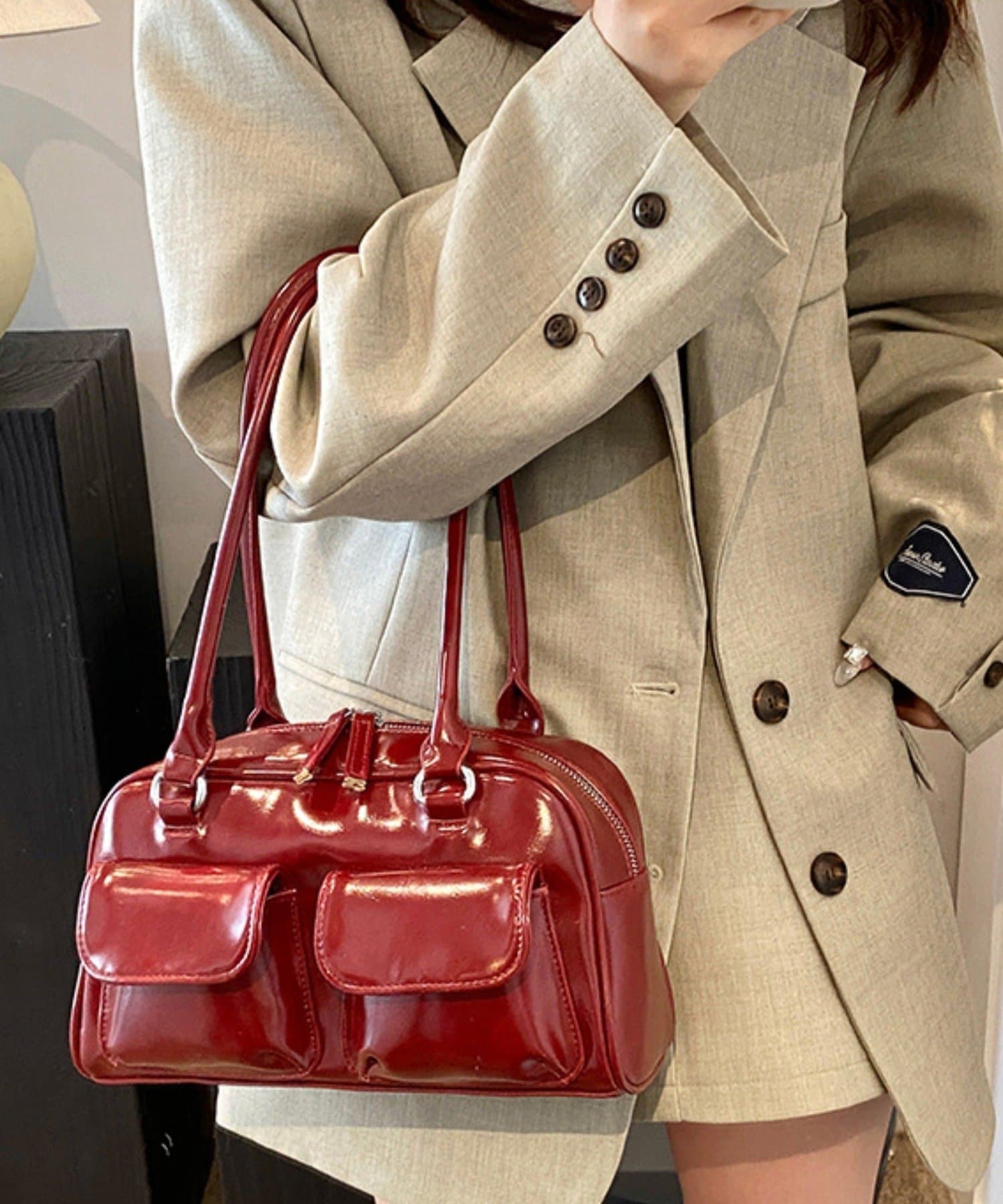 【SALE／15%OFF】aimoha - select - aimoha -select-/クラシックPUハンドバッグ アイモハ バッグ ハンドバッグ シルバー ブルー ブラック ピンク レッド ホワイト thumbnail 3