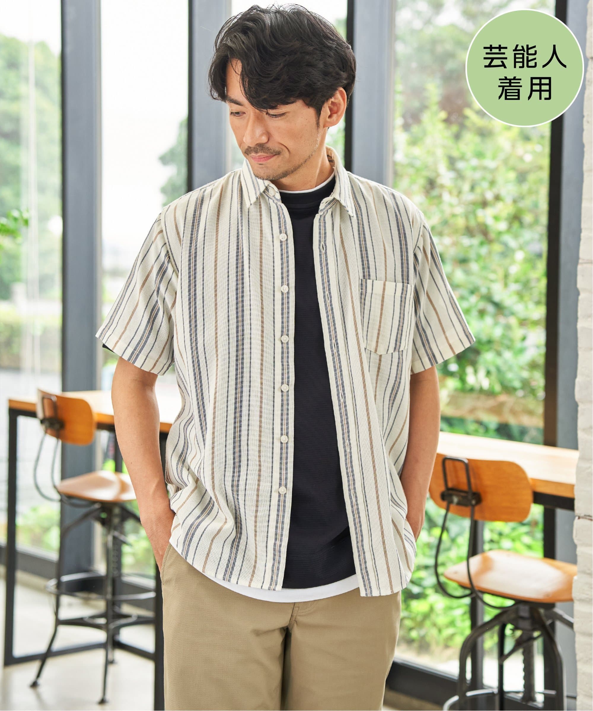 【SALE／50%OFF】ikka 【MonoMax * 小泉孝太郎】冷感パナマレギュラーカラー半袖シャツ「小泉孝太郎さん着用モデル」 イッカ トップス シャツ・ブラウス ブルー イエロー ベージュ グリーン ホワイト