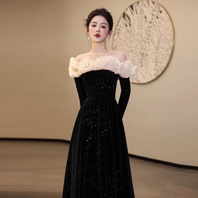 レディース パーティードレス 高級感 一文字肩 長袖 フォーマル イブニングドレス エレガント ワンピース 上品 シルエット 洗練 スタイル