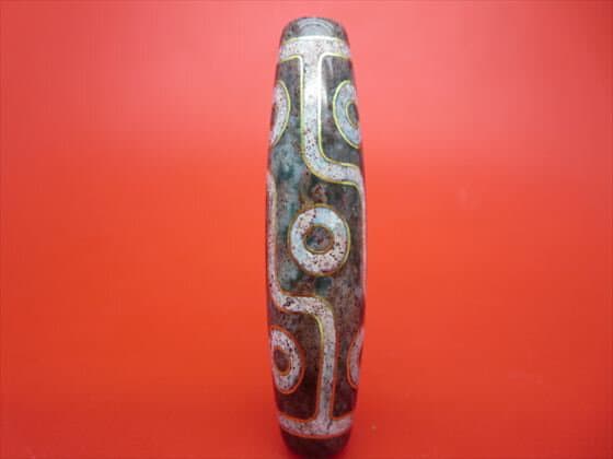 ※キズあり※【チベット銀線天珠】九眼天珠約58×14mm【古銅】【朱砂入り】【一点物】