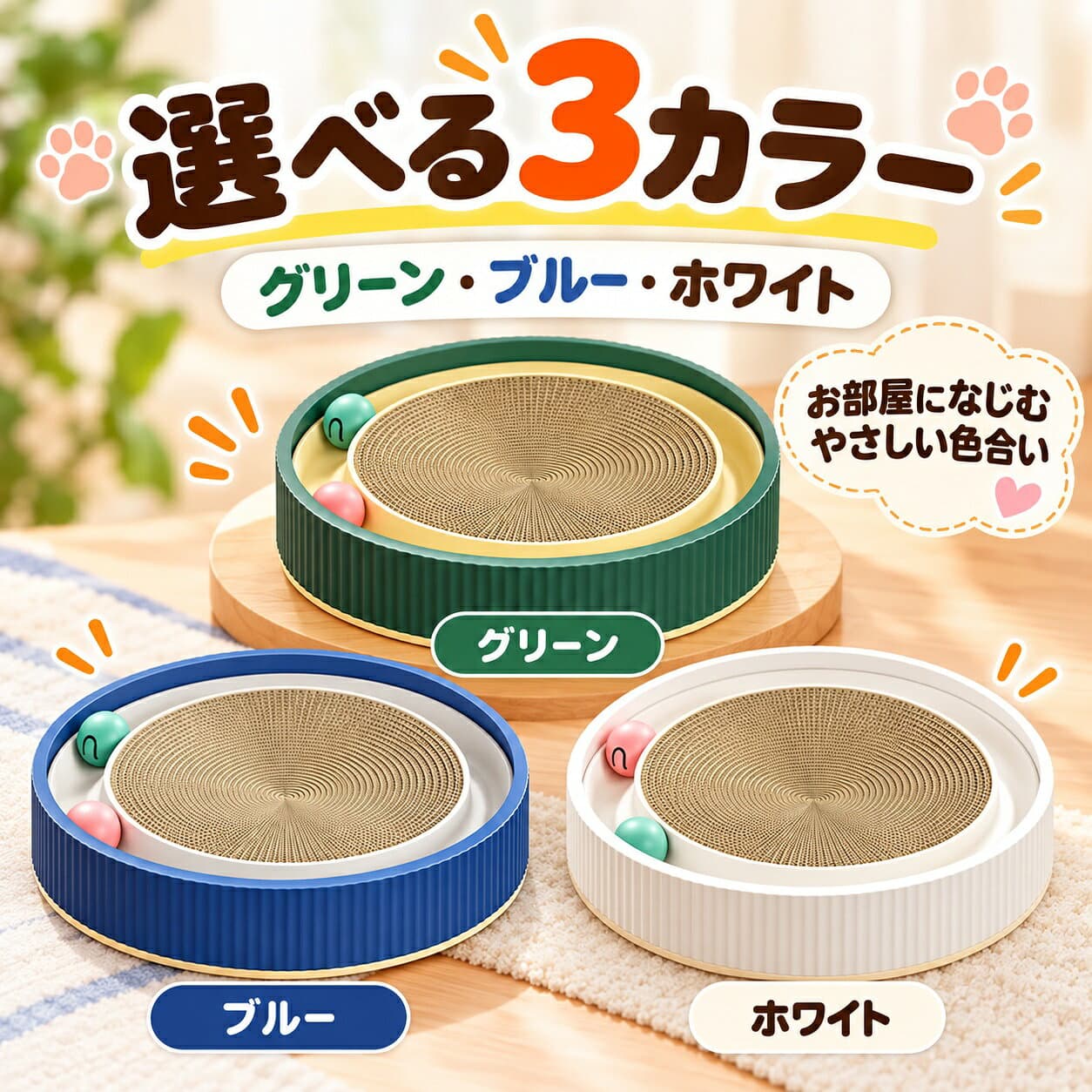 ★ランキング1位獲得商品★ 猫 爪とぎ 3WAY ボール付き 猫ベッド 円形 約40cm 段ボール スクラッチャー 爪研ぎ 猫おもちゃ くつろぎ ラウンド グリーン ブルー ホワイト thumbnail 2