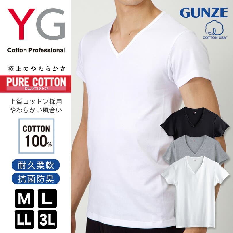 グンゼ tシャツ メンズ インナー 半袖 綿100% vネック M〜3L YG ワイジー 下着 肌着 大きいサイズ 3L 男性 紳士 インナーシャツ 抗菌 防臭 M L LL 白 黒 グレー V首 GUNZE thumbnail 2