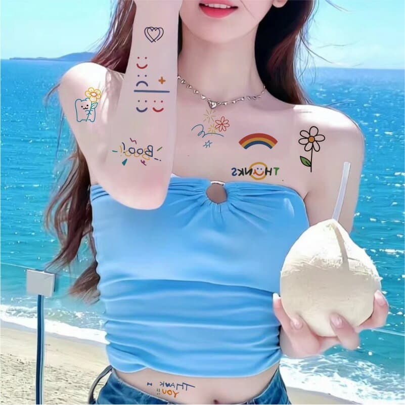 フィンガータトゥーシール　ミニサイズタトゥーシール　笑顔　虹　絵文字　雲　果物　豊富なデザイン　可愛いカラフルボディステッカー　レインボー　キュートタトゥーシール