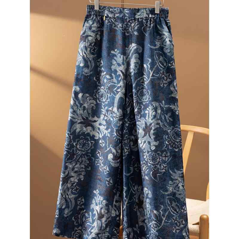 パンツ レディース 綿麻 リネン ワイド 春夏 薄手 文芸風 快適 涼しい ブルー ゆったり ズボン