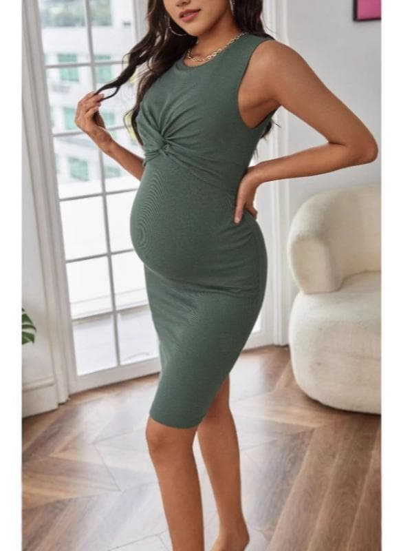 ワンピース レディース マタニティウェア 妊婦服 膝丈 ノースリーブ ニット 無地 Aライン 伸縮性 普段使い 通勤 グリーン ポリエステル